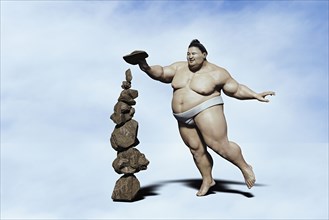 Sumo wrestler balancing pile of rocks