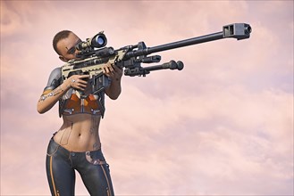 Cyborg woman aiming futuristic rifle