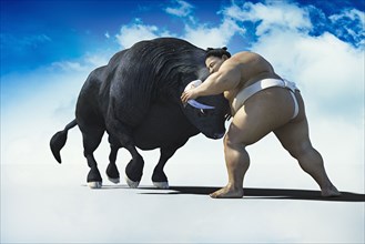 Sumo wrestler battling bull