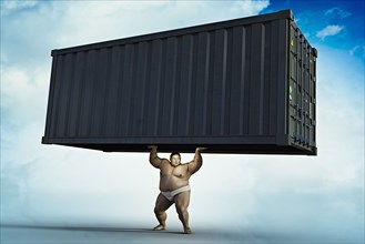 Sumo wrestler lifting cargo container