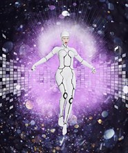 Cyborg woman floating in cyberspace