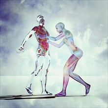 Transparent futuristic woman reaching into abdomen of man