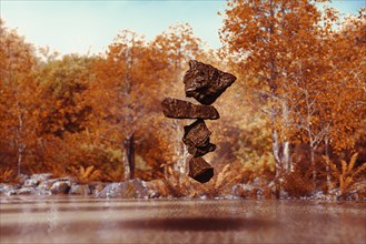 Stack of balancing rocks hovering mid-air in autumn