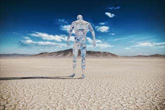 Transparent man walking in desert