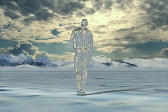 Transparent man with scales walking on water