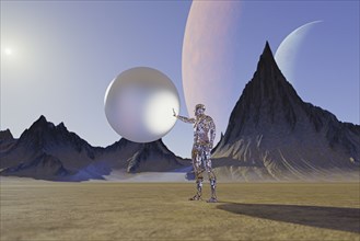Transparent futuristic man holding sphere