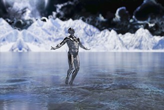 Transparent futuristic man floating over water