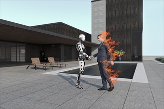 Burning businessman handshaking with cyborg