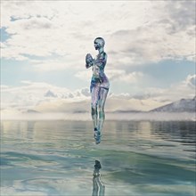 Transparent woman hovering over water