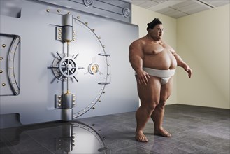 Sumo wrestler guarding vault