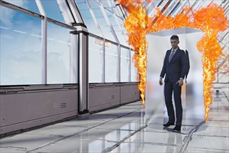 Businessman burning in suspended animation