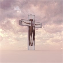 Person in suspended animation inside crucifix