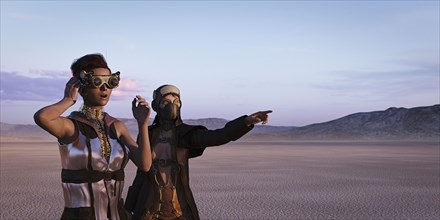 Steam punks exploring in desert