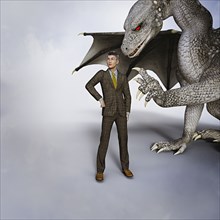 Dragon tapping businessmen on shoulder