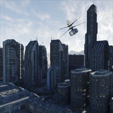 Drone flying in futuristic city