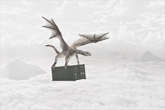 Flying dragon carrying cargo container in clouds