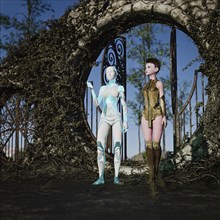 Cyborg and a woman standing in the garden