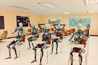 Robots students sitting in classroom raising hands
