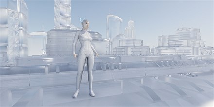 Woman standing near futuristic glass urban architecture