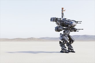 Woman standing on futuristic robot aiming guns