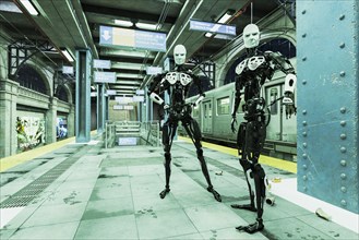 Robots standing in subway station