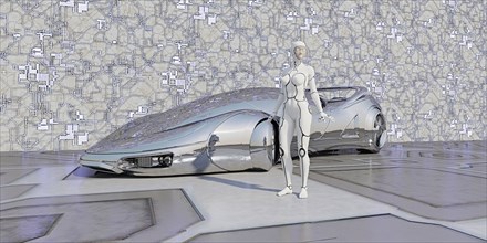 Robot standing near shiny futuristic car