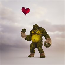 Angry ogre looking up at floating red balloon heart