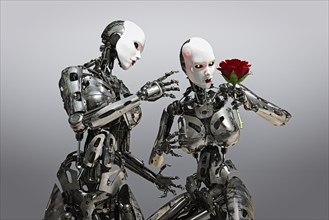 Women robots examining flower