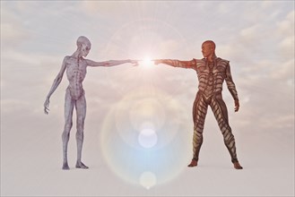 Man and alien touching glowing fingers