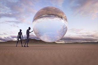 Aliens examining floating sphere in desert