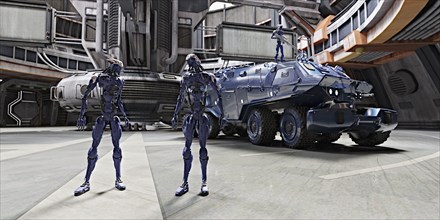 Robots and vehicles in futuristic city
