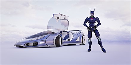Futuristic robot officer and police car