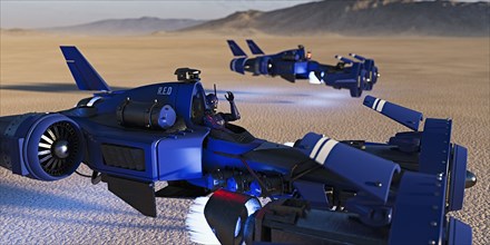 Futuristic vehicles flying in desert