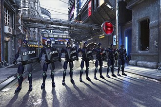 Futuristic police standing in street with shields