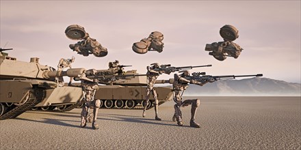 Futuristic soldiers and tanks in desert