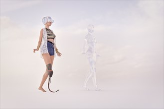 Woman with artificial leg wearing virtual reality goggles
