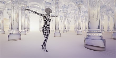 Checkered woman wearing virtual reality goggles near glass pillars