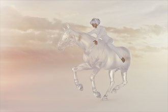 Woman wearing virtual reality goggles riding horse in sky