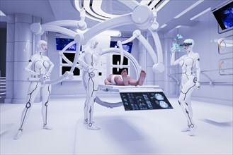 Robot women performing medical examination on man