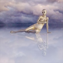 Futuristic golden woman sitting in sky