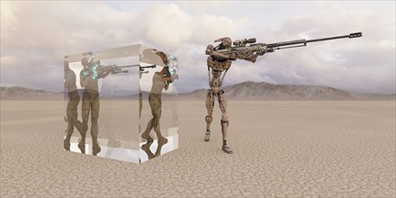 Futuristic soldiers in cube in desert near robot