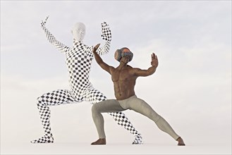 Man wearing virtual reality goggles performing martial arts