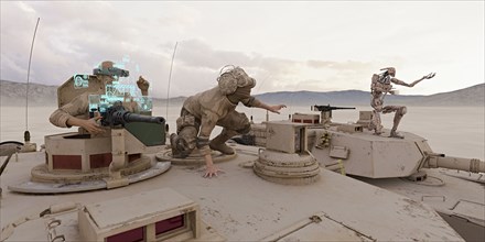 Soldiers and robot on tank wearing virtual reality goggles