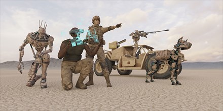 Futuristic soldiers and robot dog in desert