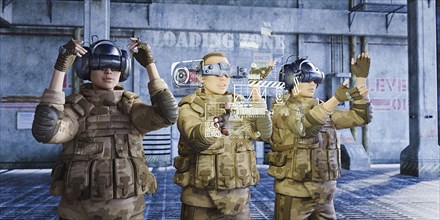 Futuristic soldiers wearing virtual reality goggles
