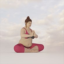 Overweight woman meditating in sky