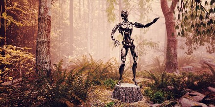 Robot standing on tree stump in forest