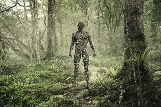 Man covered with rocks in forest