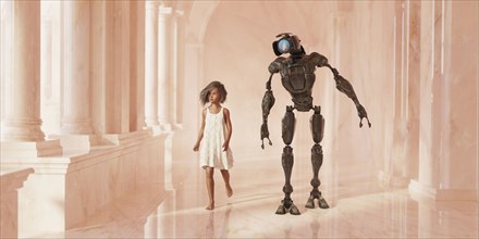 Girl walking with a robot