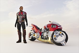 Smiling man standing near futuristic motorcycle